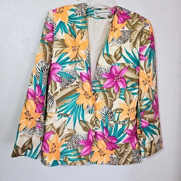 EVAN PICONE VINTAGE TROPICAL FLORAL PRINT WOMENS BLAZER SIZE 6 - Picture 2 of 8